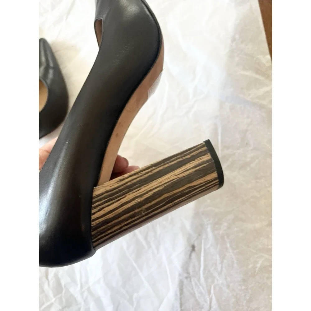 Pour La Victoire Shoes Size 10 Leather Pump Black Pointed Toe Wood Block Heels